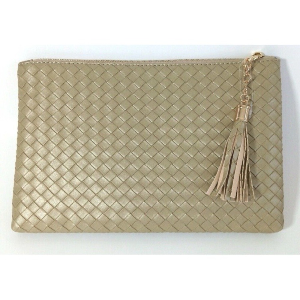 Virginia Wolf Mimi Woven Pouch‎ Metallic Gold Faux Leather Clutch Tassel